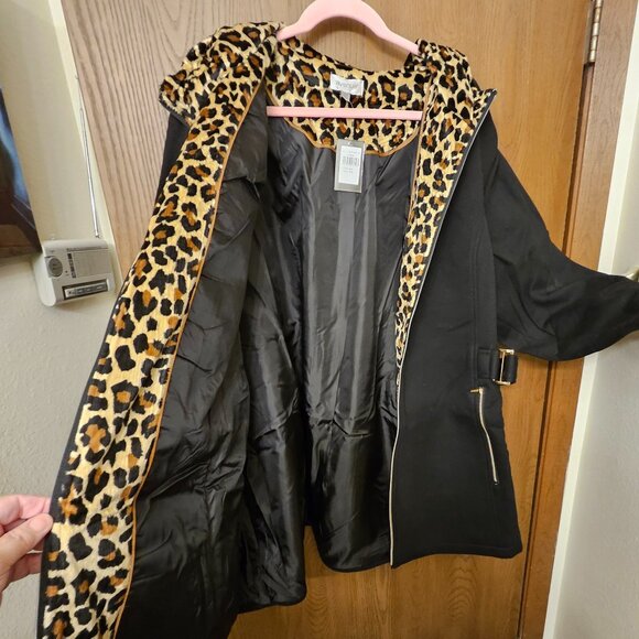 Avenue Women's Plus Size Side Tab Black & Leopard Fleece Jacket NWT Hood 30/32 - Picture 7 of 10